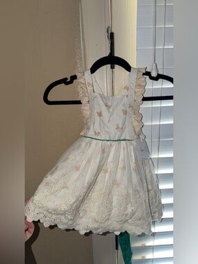 Cream Lace Butterfly Party Dress with Green Waist Trim